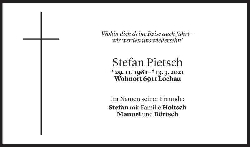  Todesanzeige für Stefan Pietsch vom 22.03.2021 aus Vorarlberger Nachrichten
