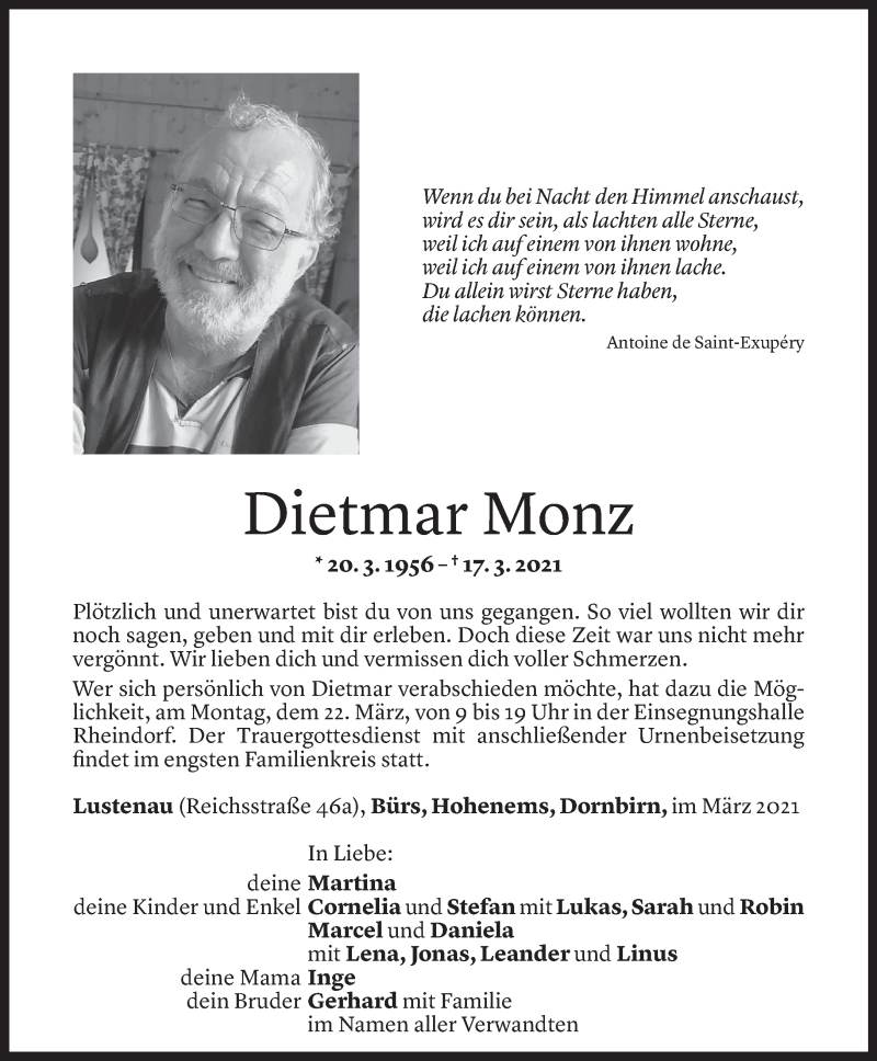  Todesanzeige für Dietmar Monz vom 18.03.2021 aus Vorarlberger Nachrichten