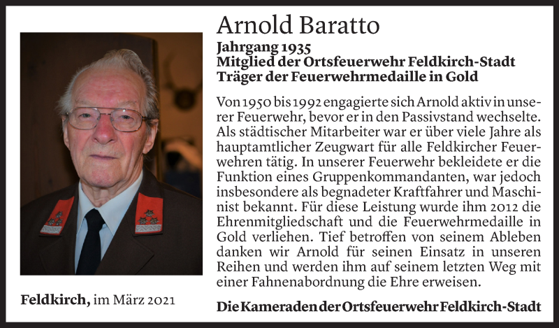  Todesanzeige für Arnold Baratto vom 21.03.2021 aus Vorarlberger Nachrichten