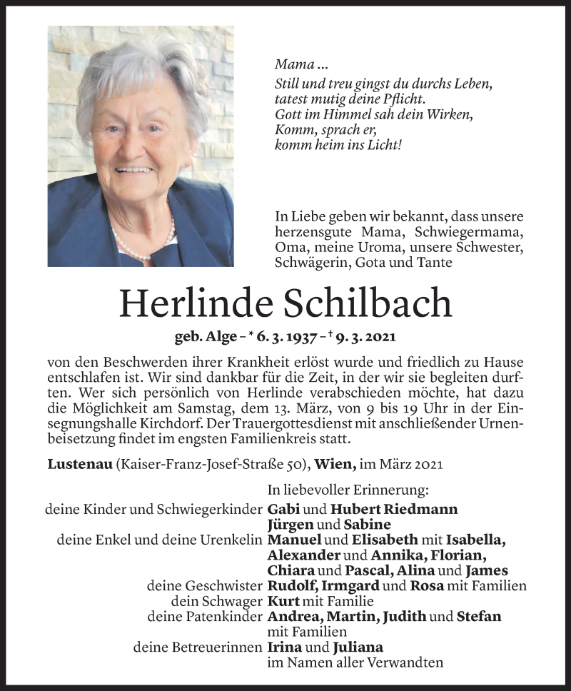  Todesanzeige für Herlinde Schilbach vom 11.03.2021 aus Vorarlberger Nachrichten