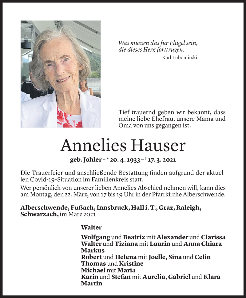  Todesanzeige für Annelies Hauser vom 19.03.2021 aus Vorarlberger Nachrichten