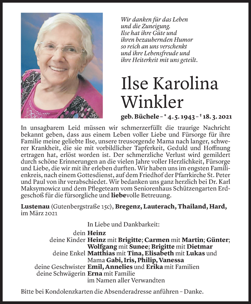  Todesanzeige für Ilse Karolina Winkler vom 25.03.2021 aus Vorarlberger Nachrichten