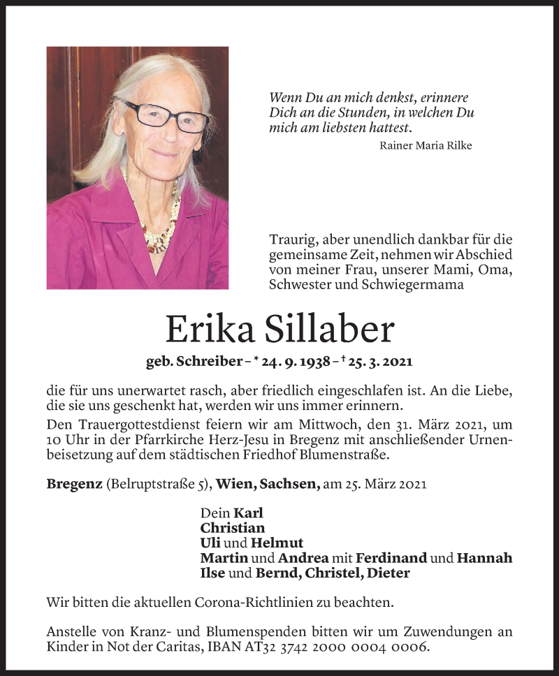  Todesanzeige für Erika Sillaber vom 26.03.2021 aus Vorarlberger Nachrichten