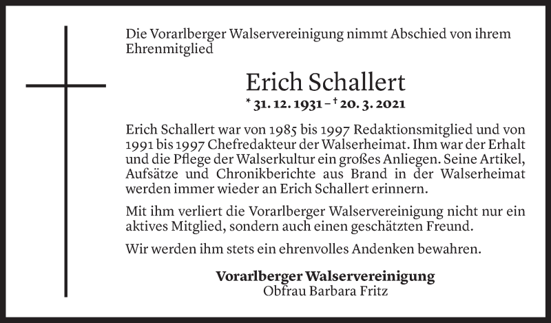  Todesanzeige für Erich Nikolaus Schallert vom 24.03.2021 aus Vorarlberger Nachrichten
