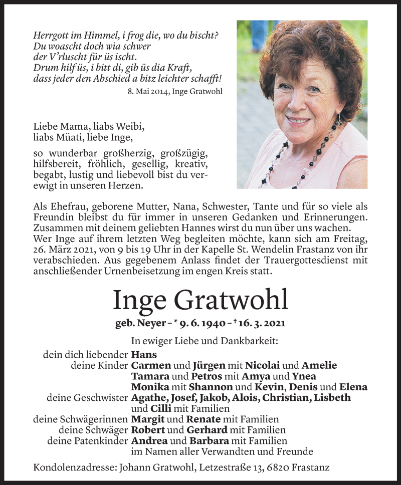  Todesanzeige für Inge Gratwohl vom 25.03.2021 aus Vorarlberger Nachrichten