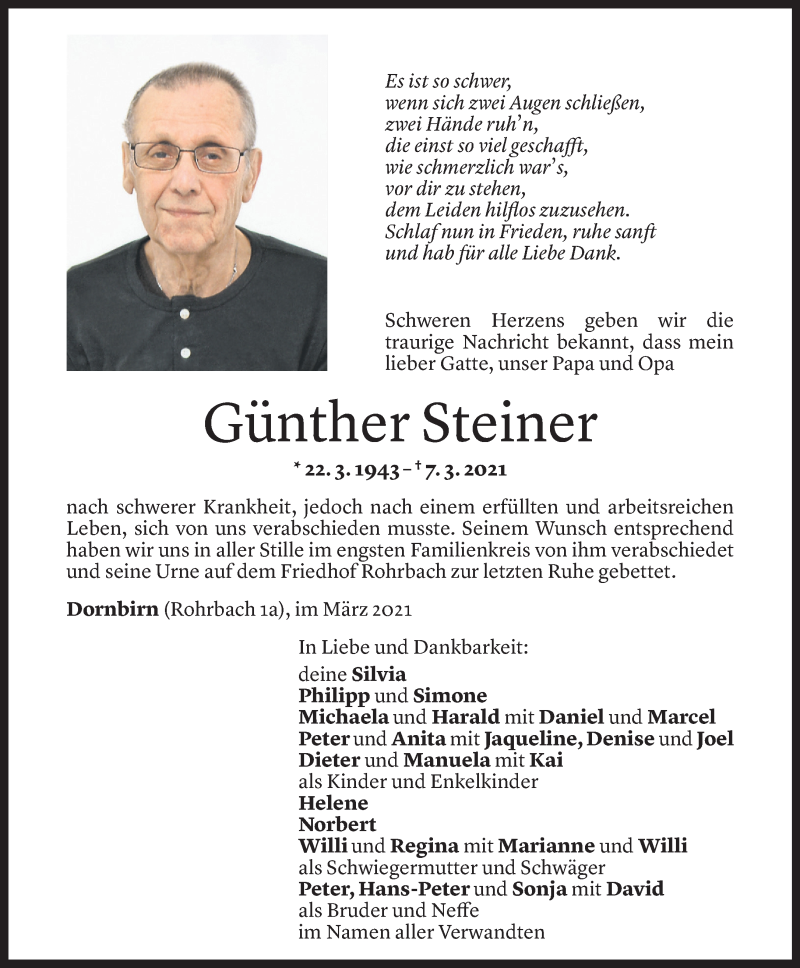  Todesanzeige für Günther Steiner vom 16.03.2021 aus 