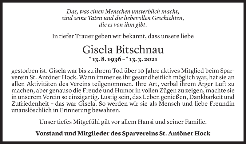  Todesanzeige für Gisela Bitschnau vom 17.03.2021 aus Vorarlberger Nachrichten