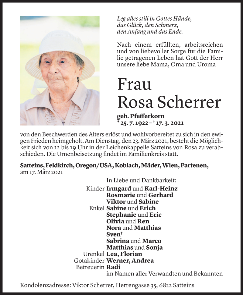  Todesanzeige für Rosa Scherrer vom 19.03.2021 aus Vorarlberger Nachrichten