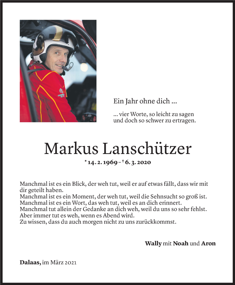  Todesanzeige für Markus Lanschützer vom 06.03.2021 aus Vorarlberger Nachrichten
