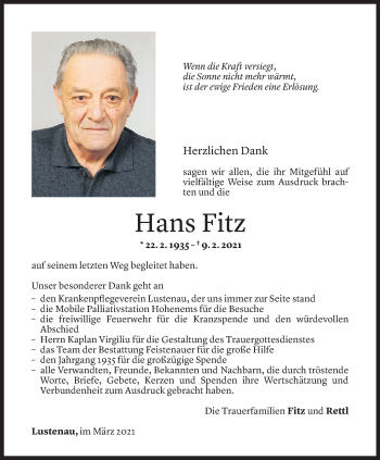 Todesanzeige von Hans Fitz von Vorarlberger Nachrichten