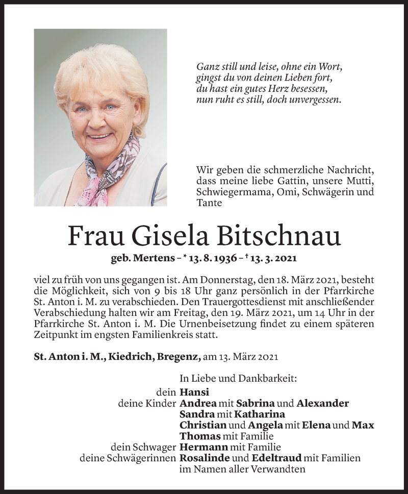  Todesanzeige für Gisela Bitschnau vom 15.03.2021 aus Vorarlberger Nachrichten