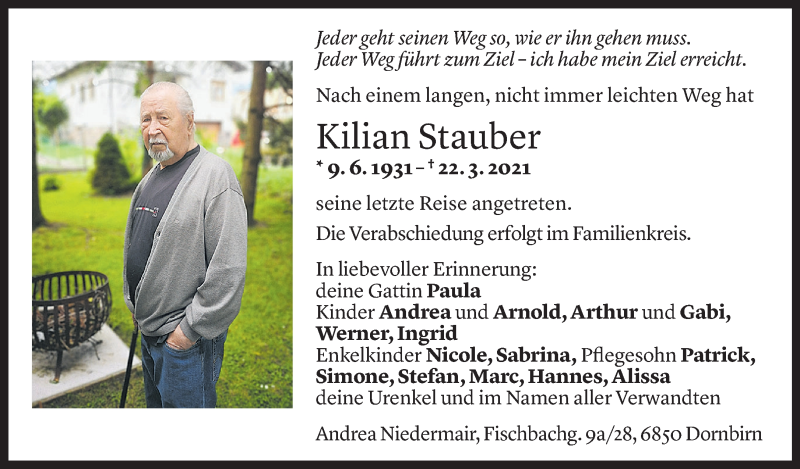  Todesanzeige für Kilian Stauber vom 26.03.2021 aus Vorarlberger Nachrichten