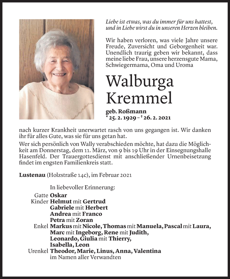  Todesanzeige für Walburga Kremmel vom 06.03.2021 aus Vorarlberger Nachrichten