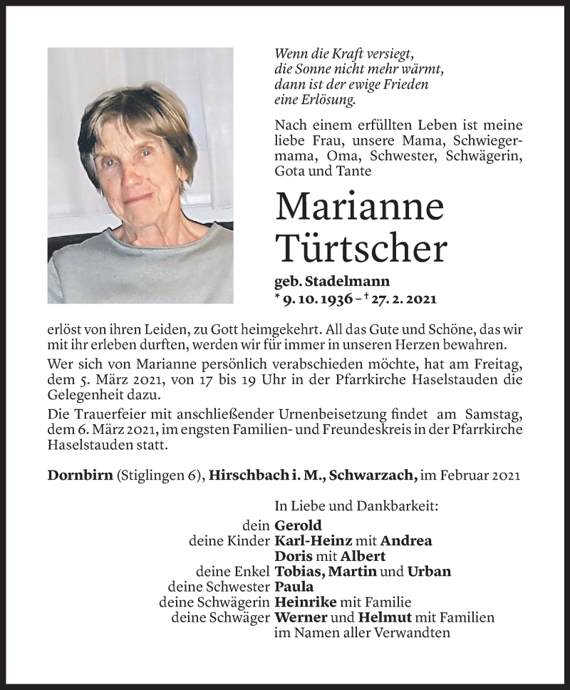  Todesanzeige für Marianne Türtscher vom 03.03.2021 aus Vorarlberger Nachrichten