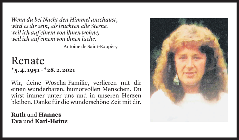  Todesanzeige für Renate Schatzmann vom 16.03.2021 aus Vorarlberger Nachrichten