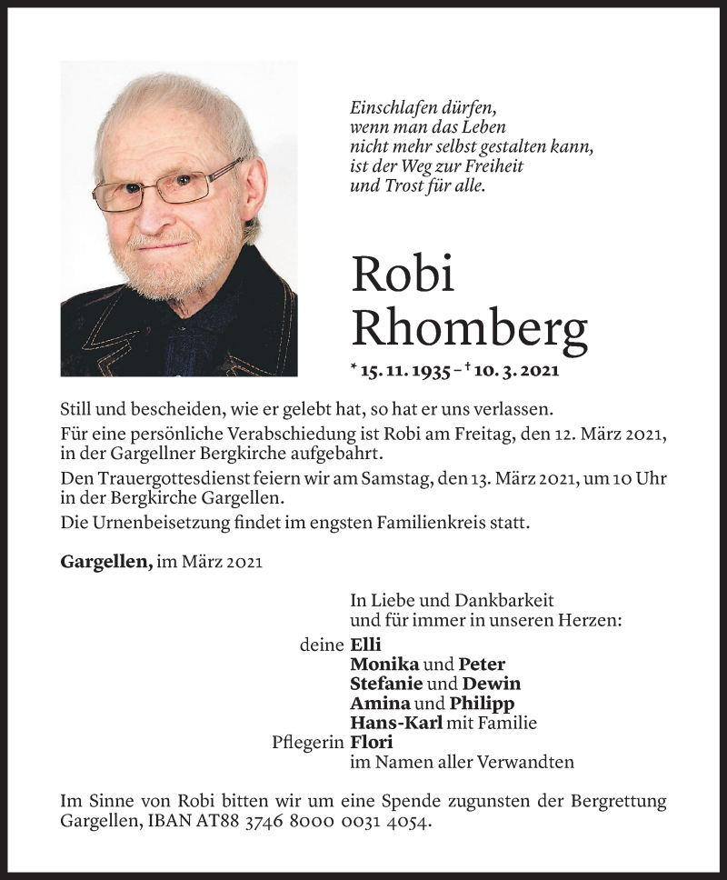  Todesanzeige für Robi Rhomberg vom 12.03.2021 aus Vorarlberger Nachrichten