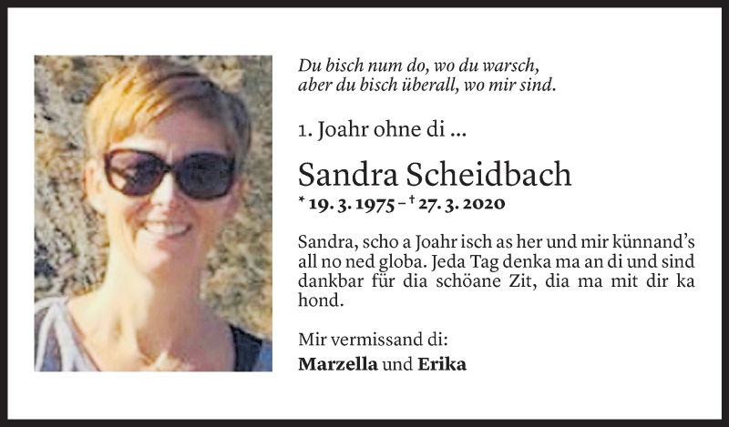  Todesanzeige für Sandra Scheidbach vom 26.03.2021 aus Vorarlberger Nachrichten