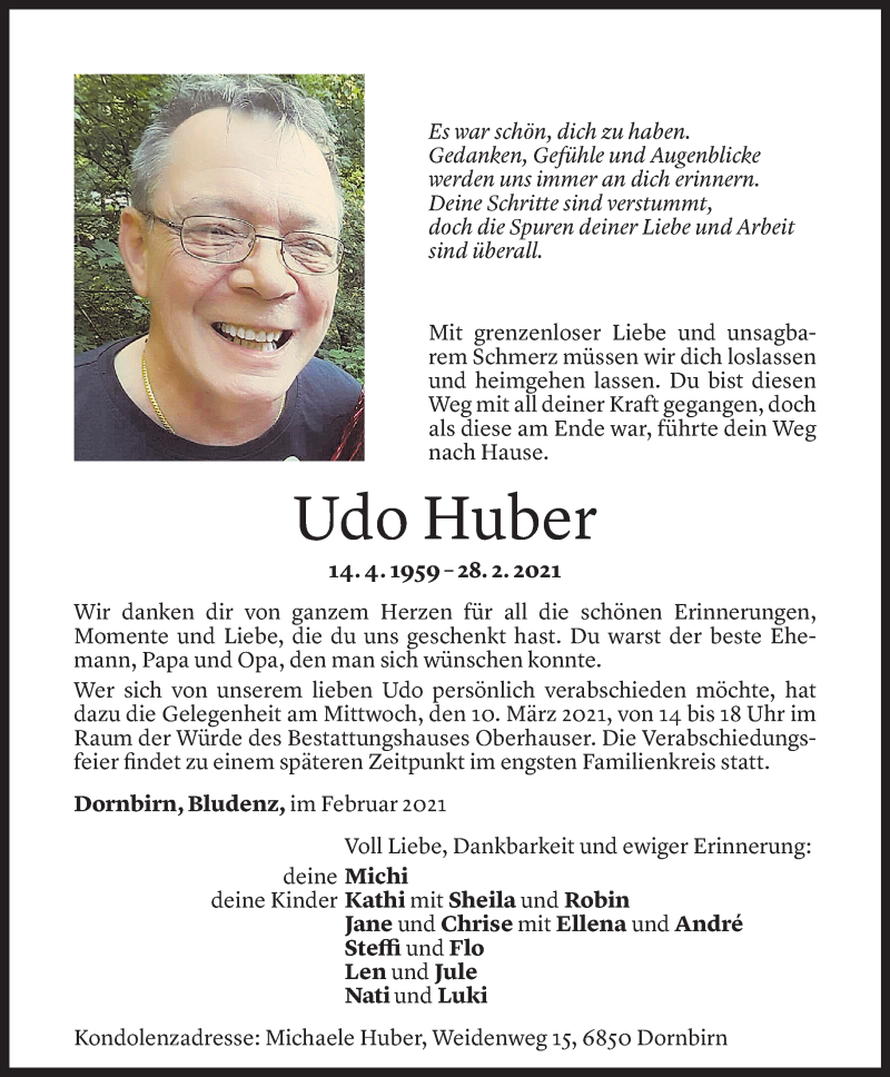  Todesanzeige für Udo Huber vom 05.03.2021 aus Vorarlberger Nachrichten