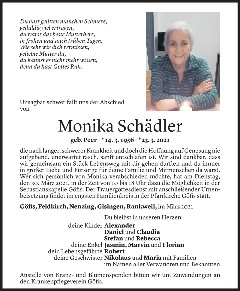  Todesanzeige für Monika Schädler vom 29.03.2021 aus Vorarlberger Nachrichten