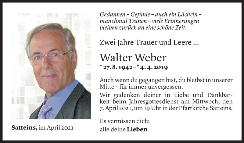  Todesanzeige für Walter Weber vom 06.04.2021 aus Vorarlberger Nachrichten