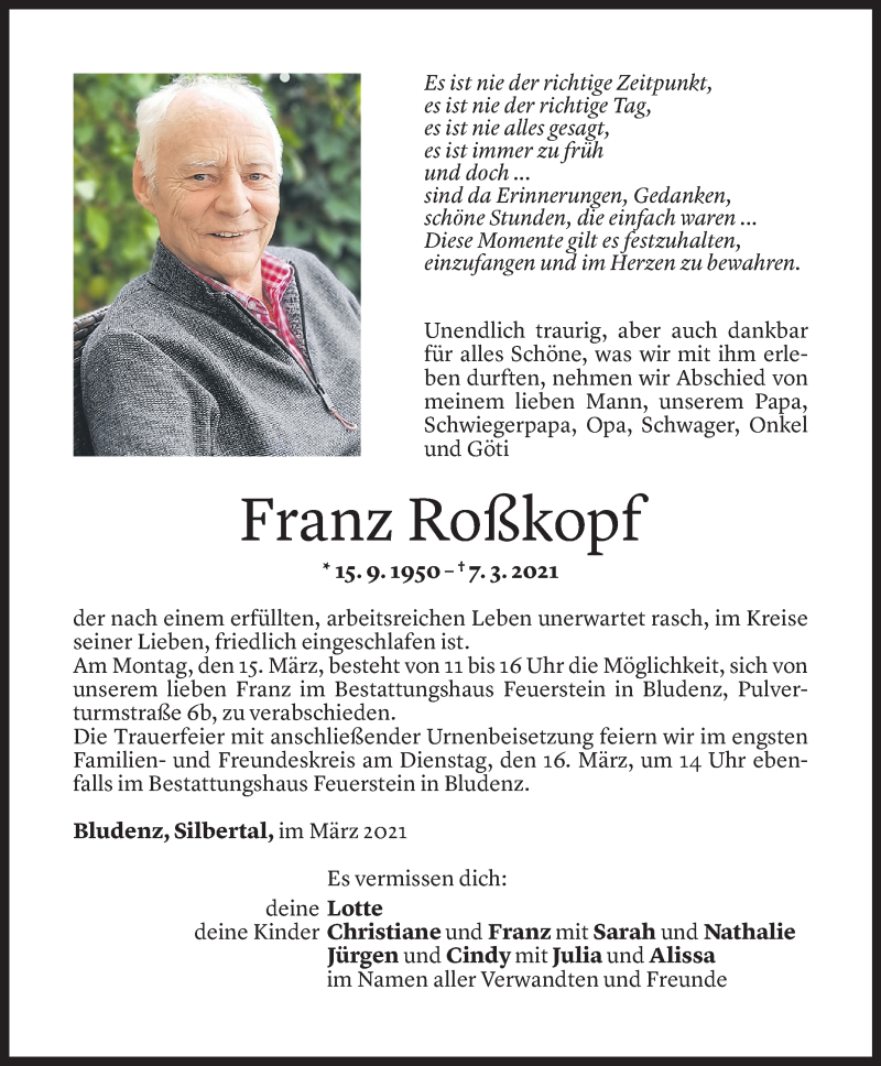  Todesanzeige für Franz Roßkopf vom 11.03.2021 aus Vorarlberger Nachrichten
