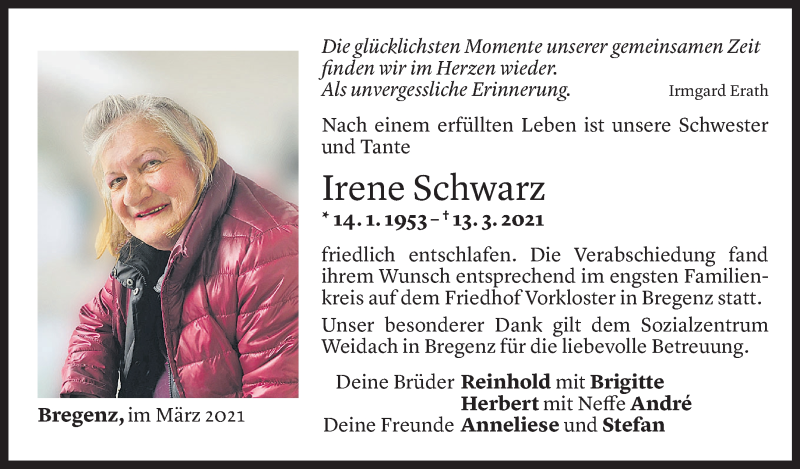  Todesanzeige für Irene Schwarz vom 20.03.2021 aus Vorarlberger Nachrichten