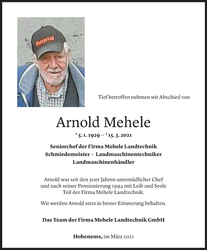  Todesanzeige für Arnold Mehele vom 17.03.2021 aus vorarlberger nachrichten