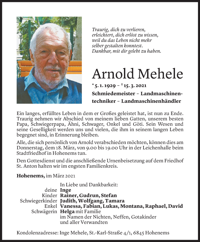  Todesanzeige für Arnold Mehele vom 17.03.2021 aus Vorarlberger Nachrichten