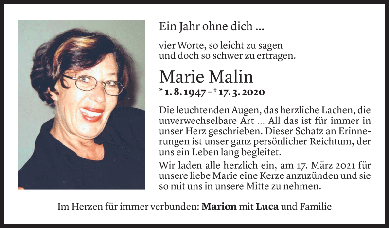  Todesanzeige für Marie Malin vom 13.03.2021 aus Vorarlberger Nachrichten