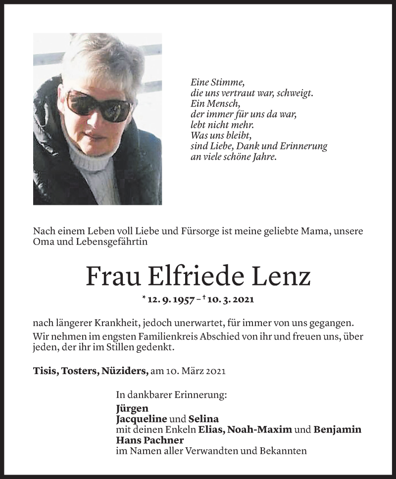  Todesanzeige für Elfriede Lenz vom 17.03.2021 aus Vorarlberger Nachrichten