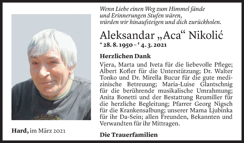  Todesanzeige für Aleksandar Nikolic vom 26.03.2021 aus Vorarlberger Nachrichten