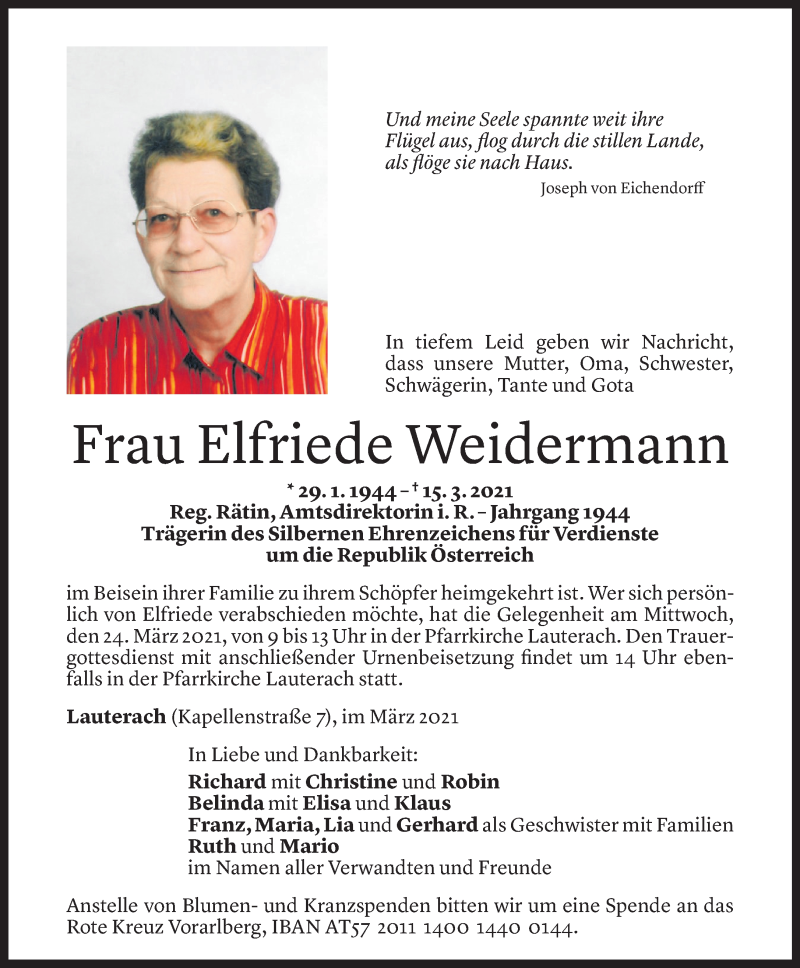  Todesanzeige für Elfriede Weidermann vom 19.03.2021 aus Vorarlberger Nachrichten