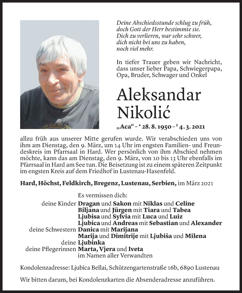  Todesanzeige für Aleksandar Nikolic vom 05.03.2021 aus Vorarlberger Nachrichten