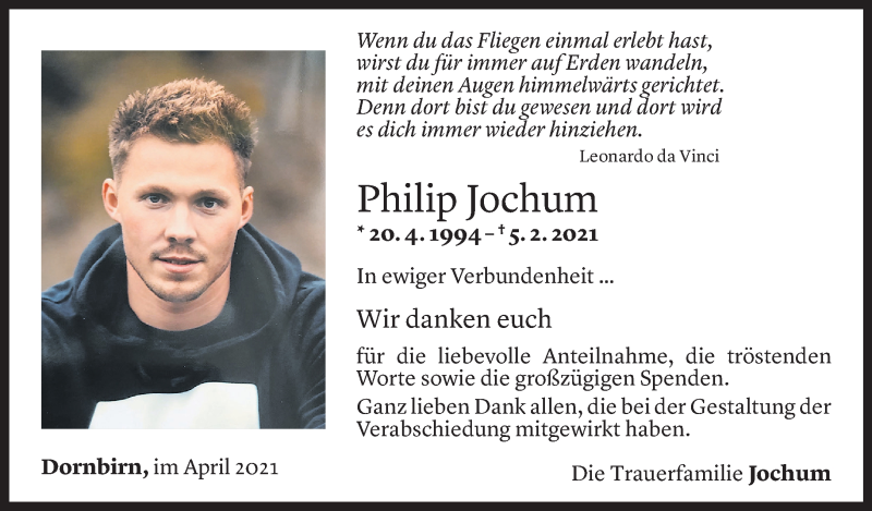  Todesanzeige für Philip Jochum vom 01.04.2021 aus Vorarlberger Nachrichten