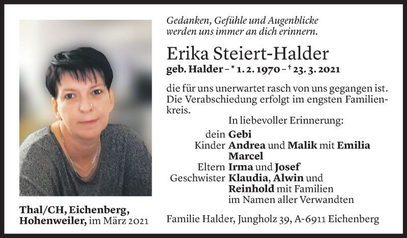  Todesanzeige für Erika Steiert-Halder vom 30.03.2021 aus Vorarlberger Nachrichten