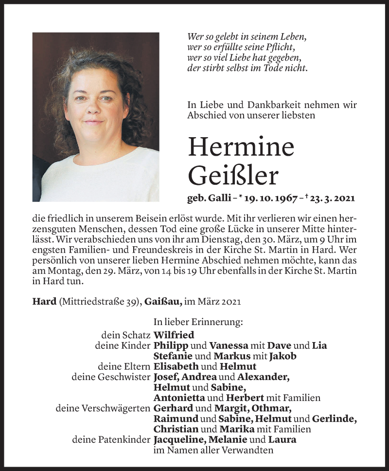  Todesanzeige für Hermine Geißler vom 26.03.2021 aus Vorarlberger Nachrichten