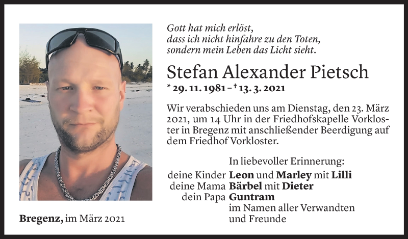  Todesanzeige für Stefan Pietsch vom 19.03.2021 aus Vorarlberger Nachrichten