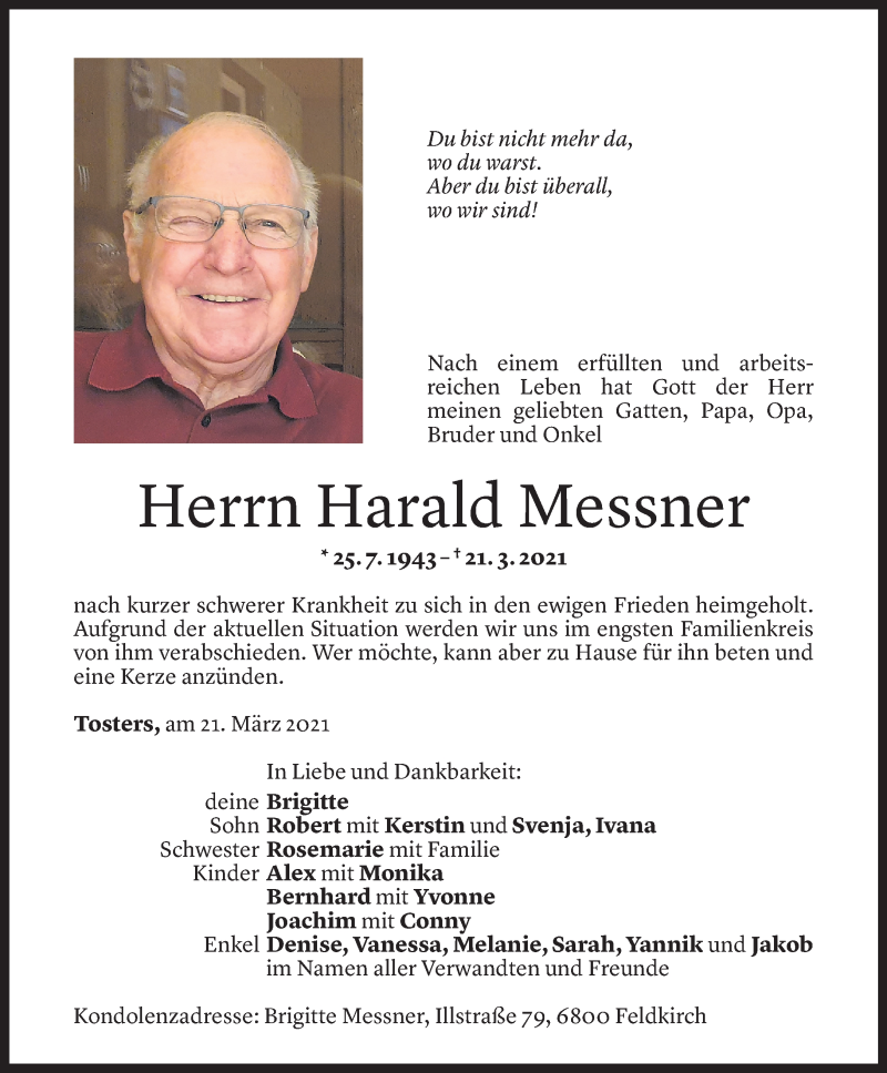  Todesanzeige für Harald Messner vom 29.03.2021 aus Vorarlberger Nachrichten