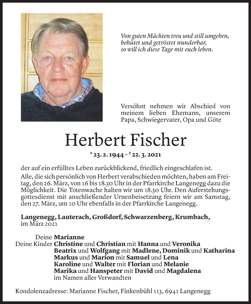  Todesanzeige für Herbert Fischer vom 24.03.2021 aus Vorarlberger Nachrichten