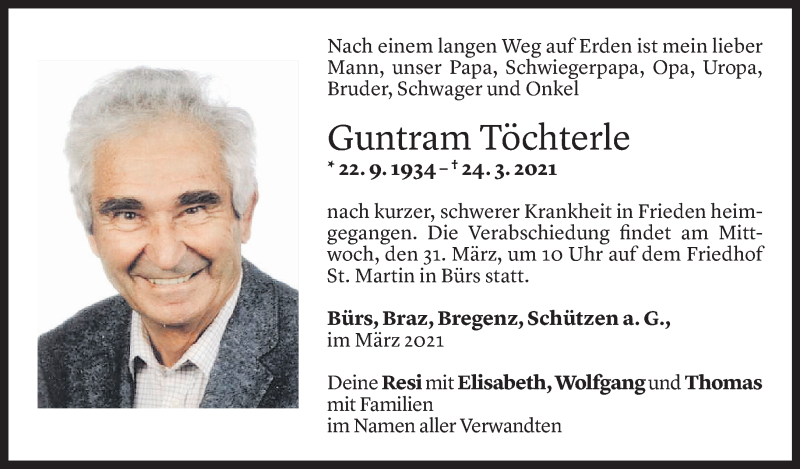  Todesanzeige für Guntram Töchterle vom 29.03.2021 aus Vorarlberger Nachrichten