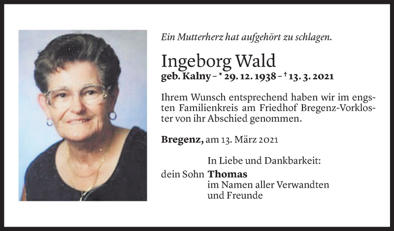  Todesanzeige für Ingeborg Wald vom 20.03.2021 aus Vorarlberger Nachrichten