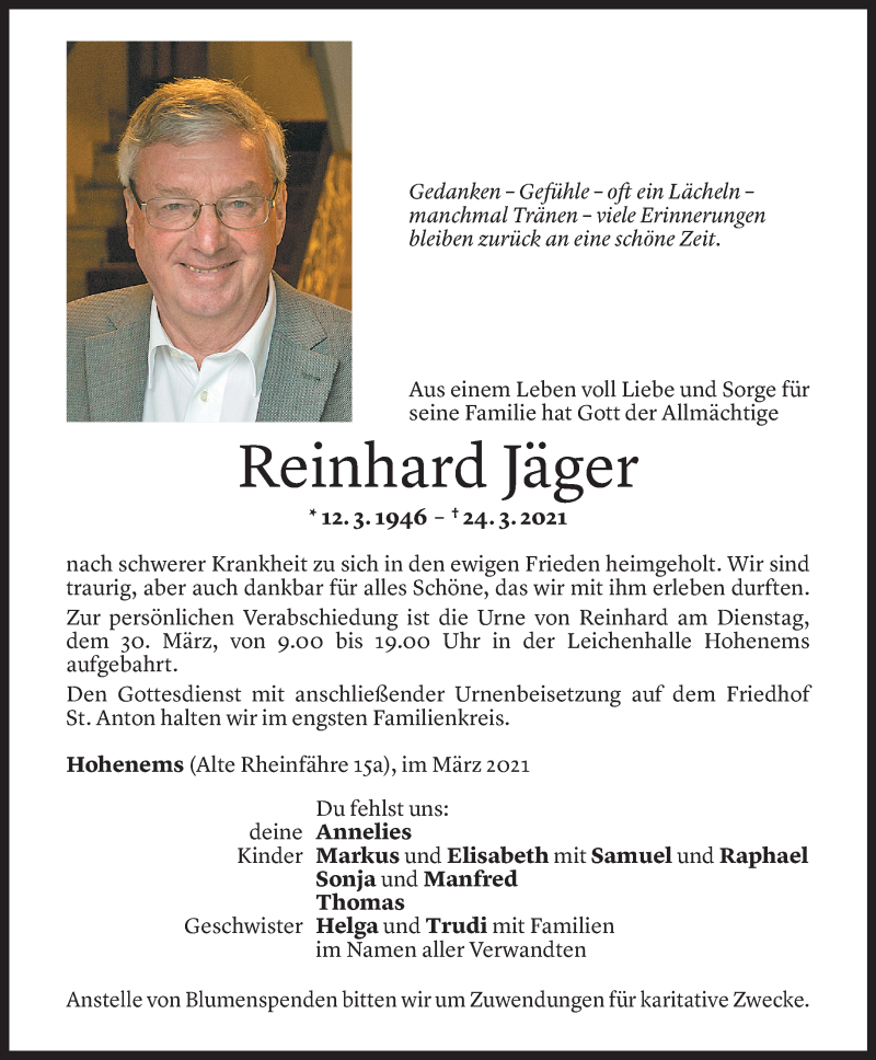  Todesanzeige für Reinhard Jäger vom 27.03.2021 aus Vorarlberger Nachrichten