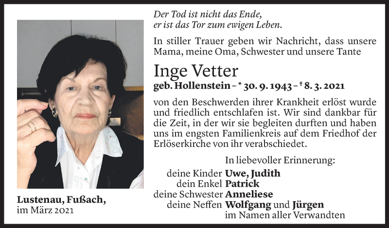  Todesanzeige für Inge Vetter vom 18.03.2021 aus Vorarlberger Nachrichten