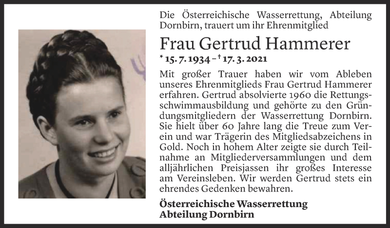  Todesanzeige für Gertrud Hammerer vom 22.03.2021 aus Vorarlberger Nachrichten