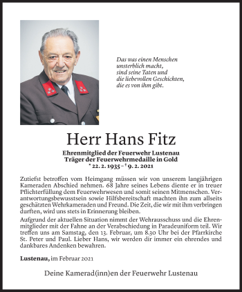 Todesanzeige von Hans Fitz von Vorarlberger Nachrichten