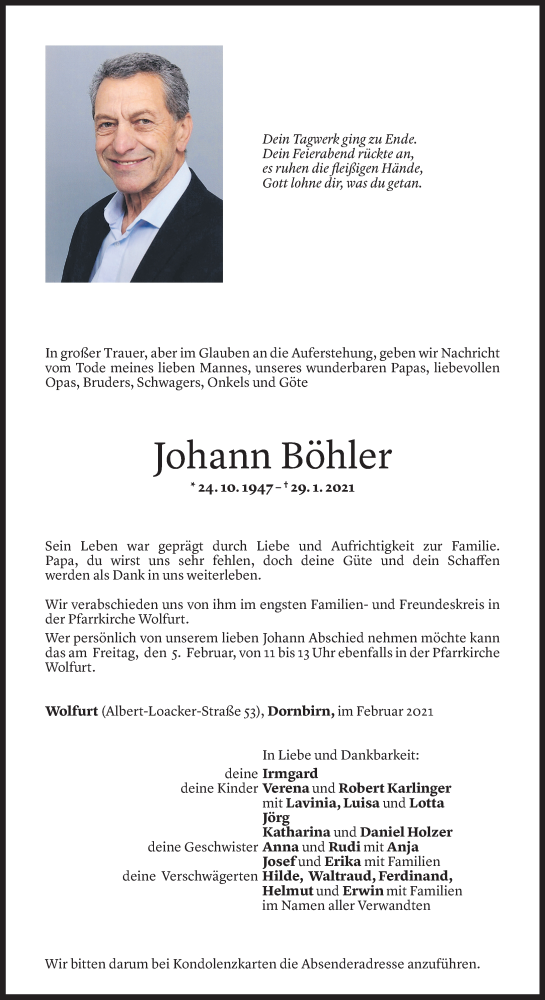  Todesanzeige für Johann Böhler vom 01.02.2021 aus Vorarlberger Nachrichten