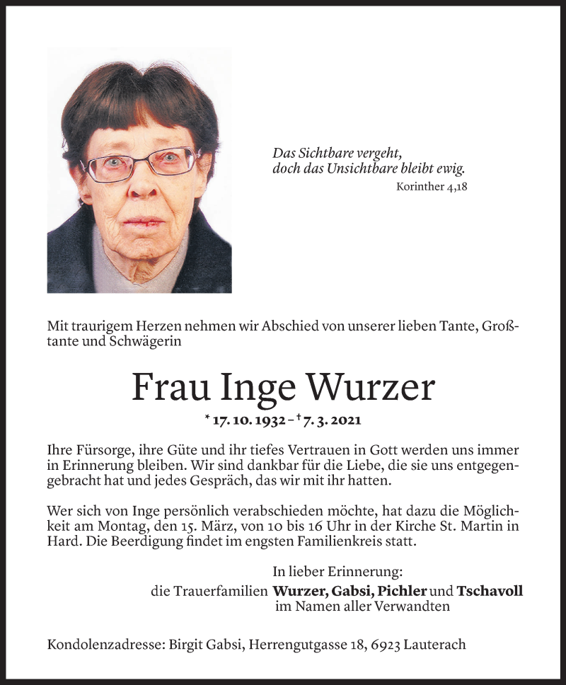  Todesanzeige für Inge Wurzer vom 12.03.2021 aus Vorarlberger Nachrichten
