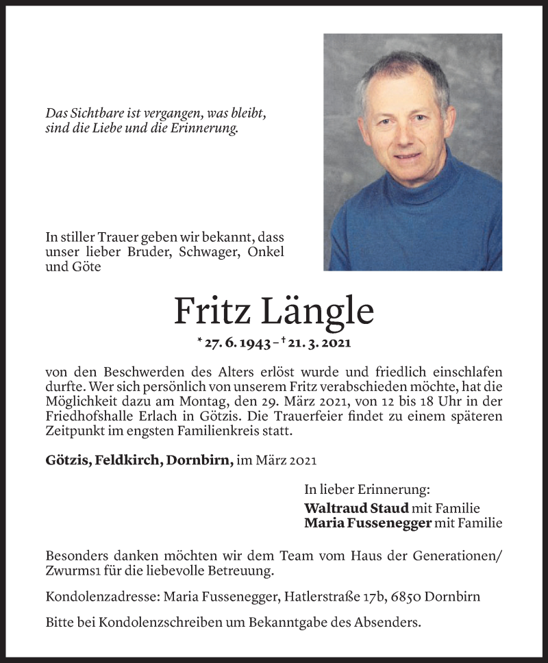  Todesanzeige für Fritz Längle vom 27.03.2021 aus Vorarlberger Nachrichten