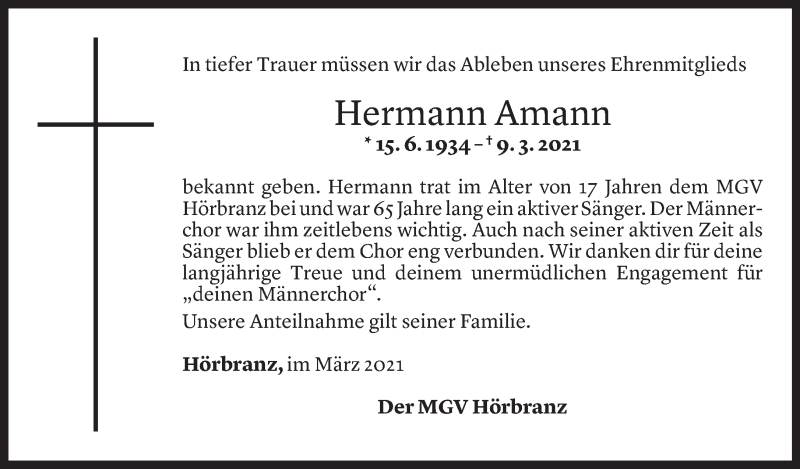  Todesanzeige für Hermann Amann vom 12.03.2021 aus Vorarlberger Nachrichten