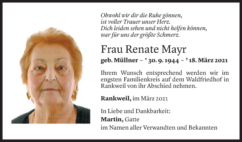  Todesanzeige für Renate Mayr vom 20.03.2021 aus Vorarlberger Nachrichten